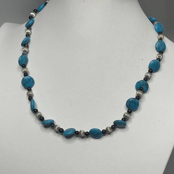 beaded necklace costume jewelry turquoise color dyed stone trendy boho bohemian - Picture 1 of 8